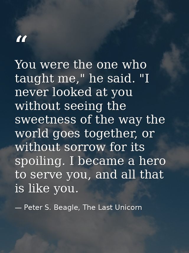 You were the one who taught me," he said. "I never looked at you without seeing the sweetness of the way the world goes  — Peter S. Beagle, The Last Unicorn