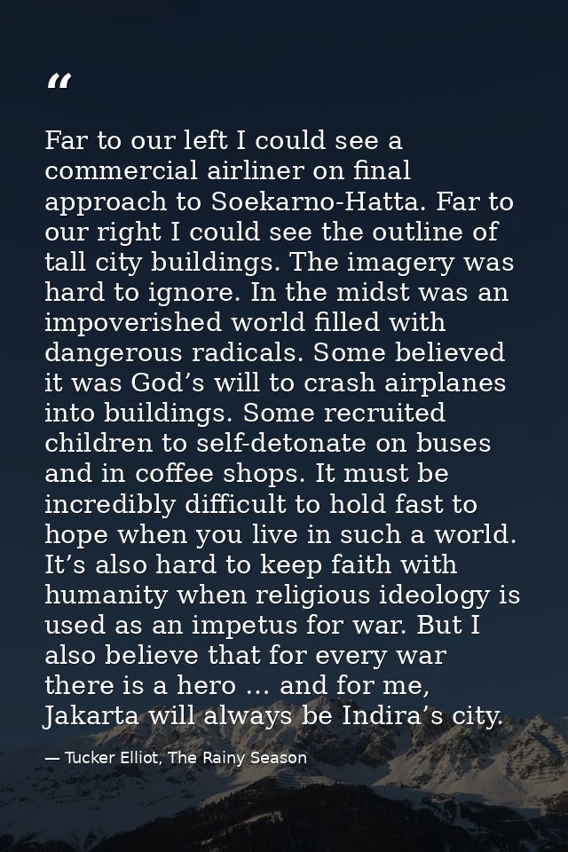 Far to our left I could see a commercial airliner on final approach to Soekarno-Hatta. Far to our right I could see the  — Tucker Elliot, The Rainy Season