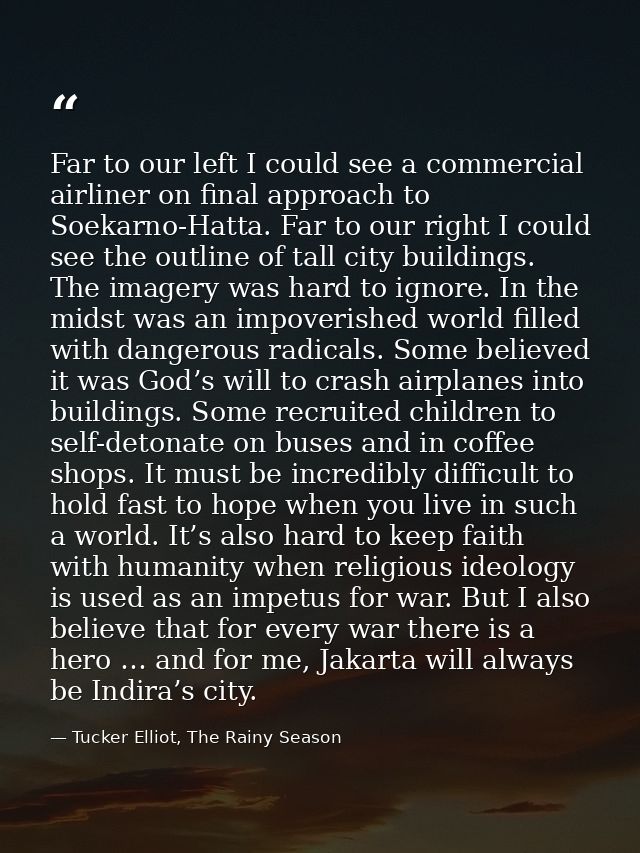 Far to our left I could see a commercial airliner on final approach to Soekarno-Hatta. Far to our right I could see the  — Tucker Elliot, The Rainy Season