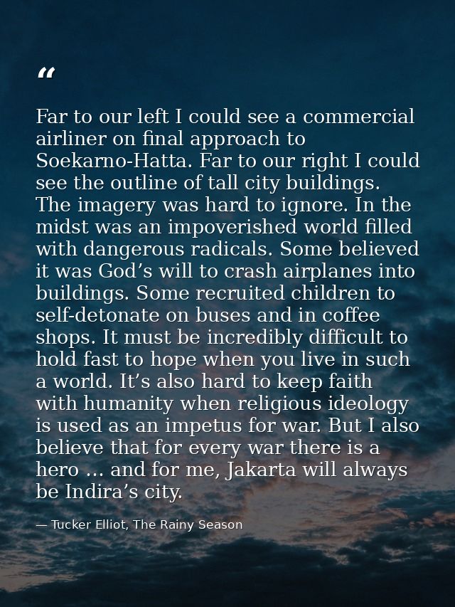 Far to our left I could see a commercial airliner on final approach to Soekarno-Hatta. Far to our right I could see the  — Tucker Elliot, The Rainy Season