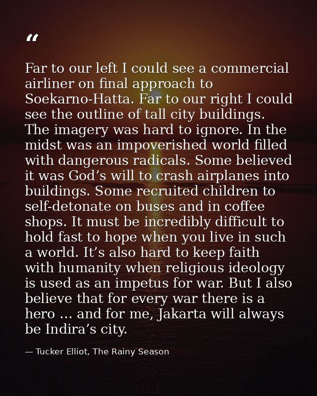 Far to our left I could see a commercial airliner on final approach to Soekarno-Hatta. Far to our right I could see the  — Tucker Elliot, The Rainy Season