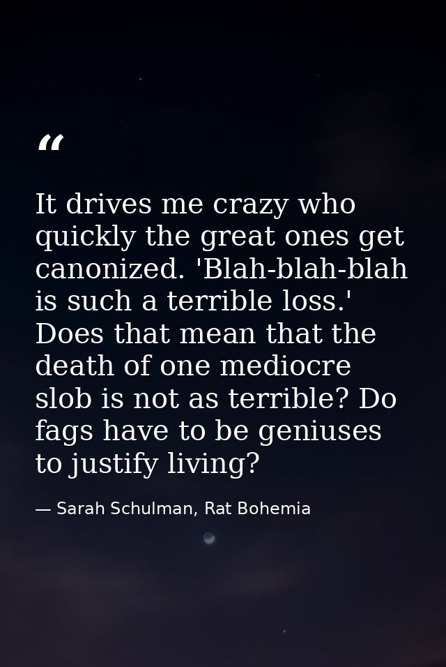 It drives me crazy who quickly the great ones get canonized. 'Blah-blah-blah is such a terrible loss.' Does that mean th — Sarah Schulman, Rat Bohemia