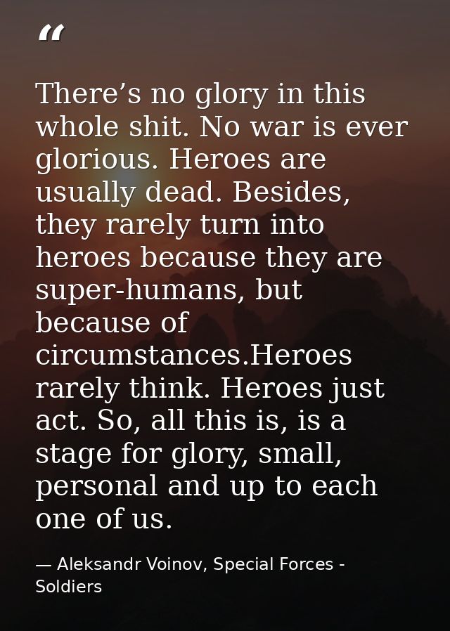 There’s no glory in this whole shit. No war is ever glorious. Heroes are usually dead. Besides, they rarely turn into he — Aleksandr Voinov, Special Forces - Soldiers