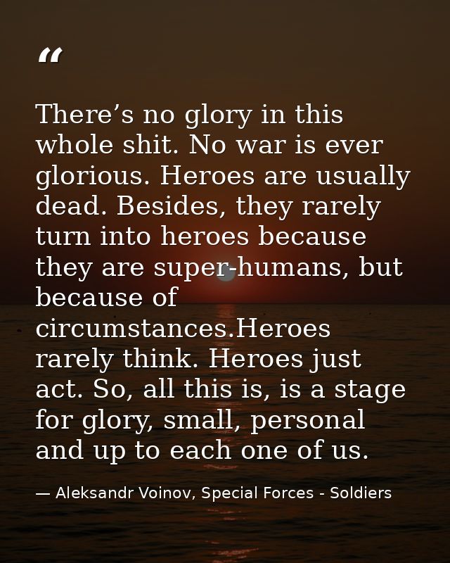 There’s no glory in this whole shit. No war is ever glorious. Heroes are usually dead. Besides, they rarely turn into he — Aleksandr Voinov, Special Forces - Soldiers