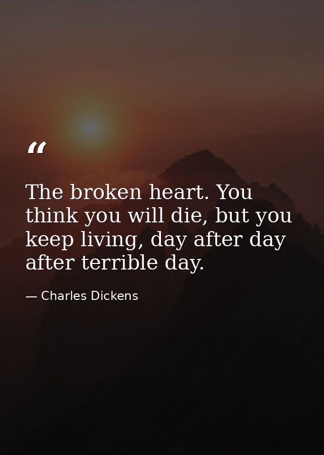 The broken heart. You think you will die, but you keep living, day after day after terrible day. — Charles Dickens