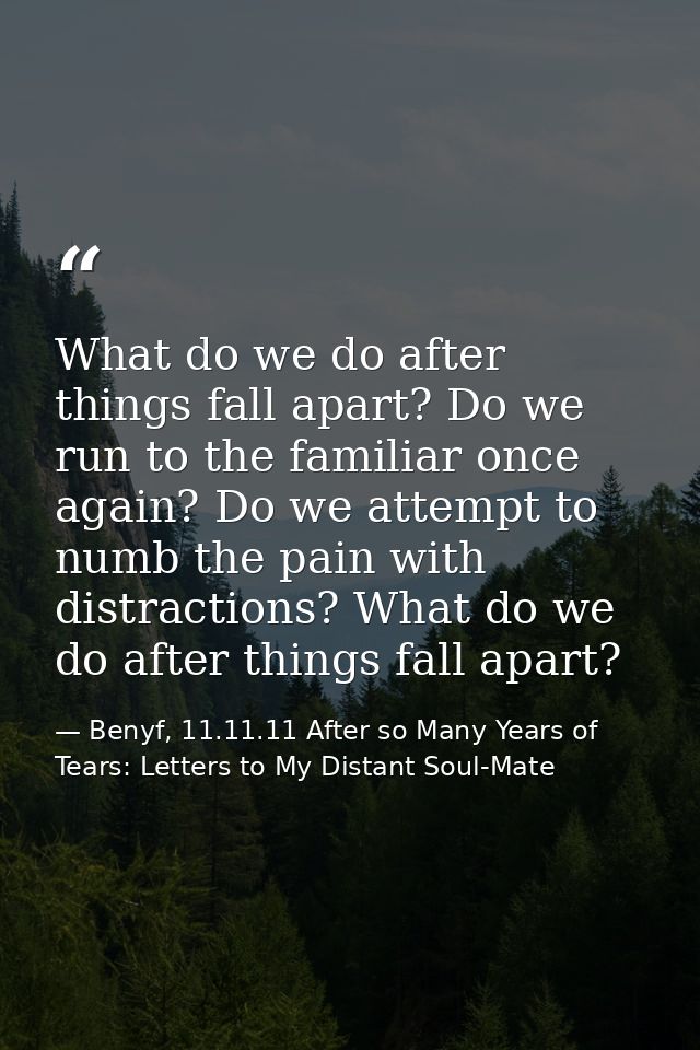 What do we do after things fall apart? Do we run to the familiar once again? Do we attempt to numb the pain with distrac — Benyf, 11.11.11 After so Many Years of Tears: Letters to My Distant Soul-Mate