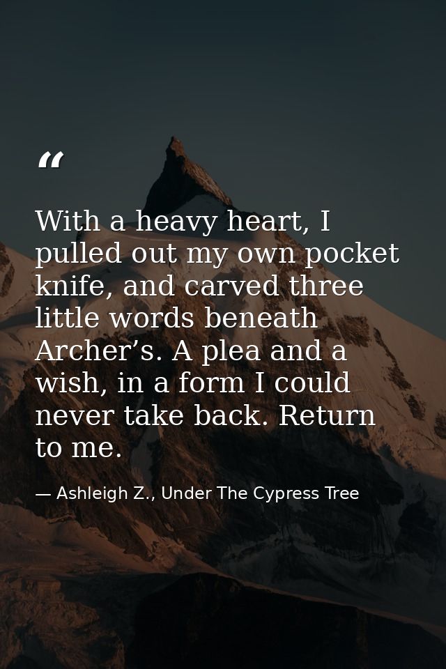 With a heavy heart, I pulled out my own pocket knife, and carved three little words beneath Archer’s. A plea and a wish, — Ashleigh Z., Under The Cypress Tree