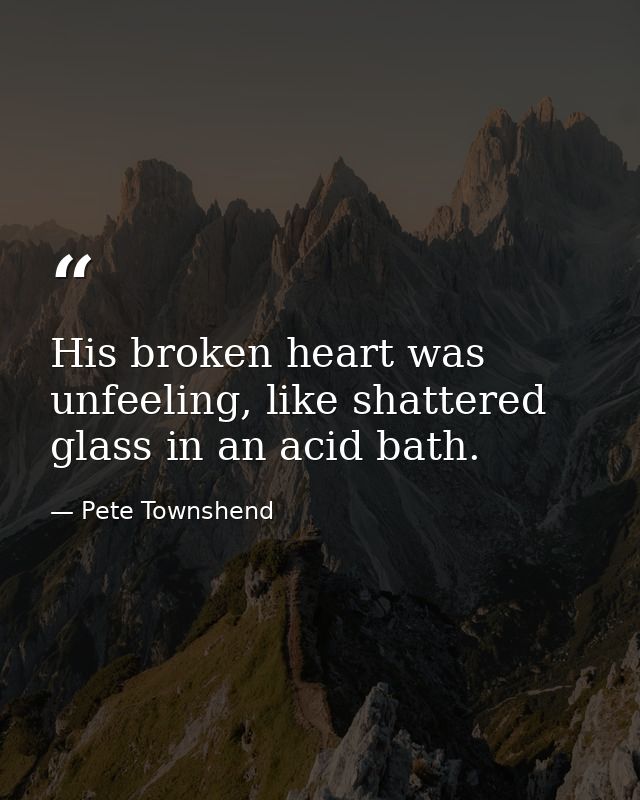 His broken heart was unfeeling, like shattered glass in an acid bath. — Pete Townshend