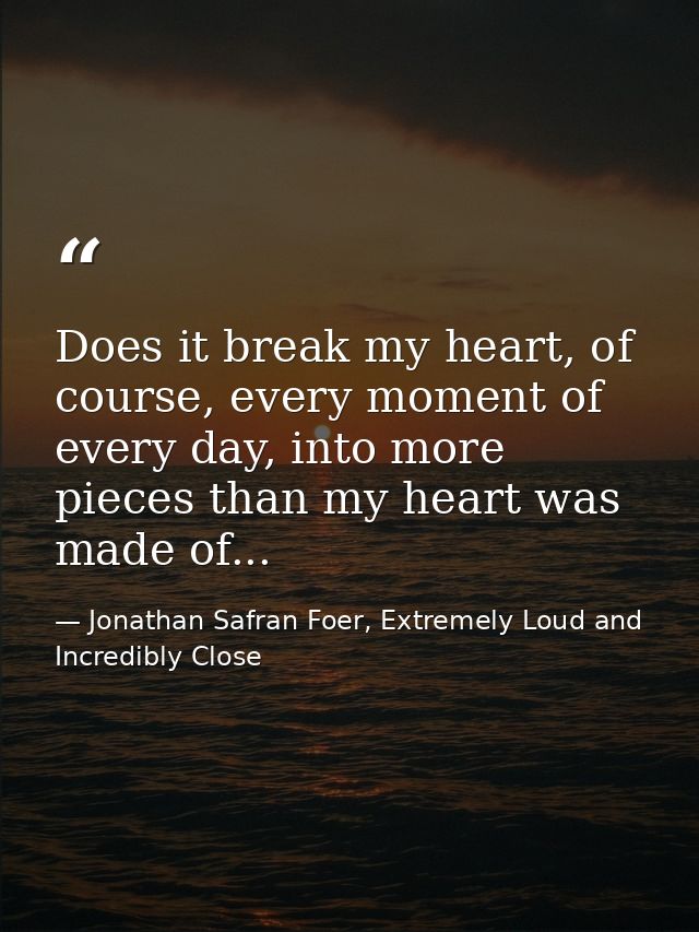 Does it break my heart, of course, every moment of every day, into more pieces than my heart was made of... — Jonathan Safran Foer, Extremely Loud and Incredibly Close