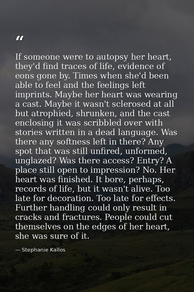 If someone were to autopsy her heart, they'd find traces of life, evidence of eons gone by. Times when she'd been able t — Stephanie Kallos