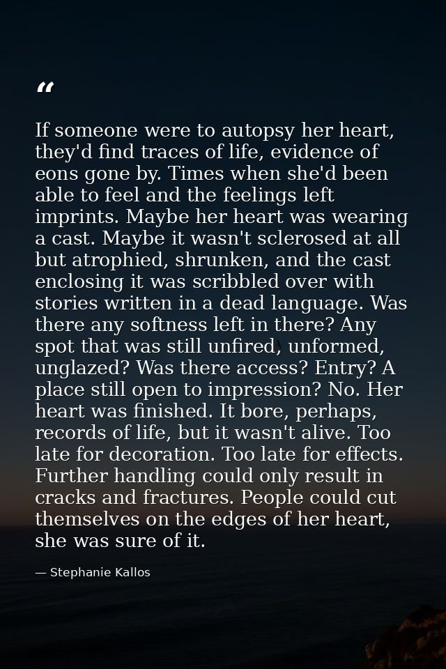 If someone were to autopsy her heart, they'd find traces of life, evidence of eons gone by. Times when she'd been able t — Stephanie Kallos