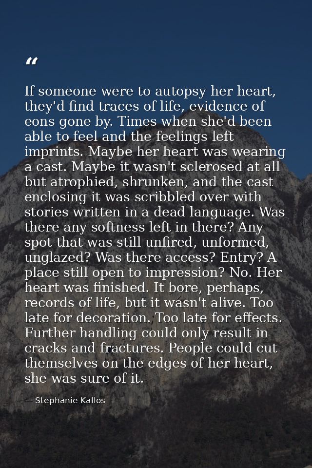If someone were to autopsy her heart, they'd find traces of life, evidence of eons gone by. Times when she'd been able t — Stephanie Kallos