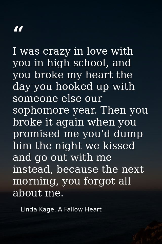 I was crazy in love with you in high school, and you broke my heart the day you hooked up with someone else our sophomor — Linda Kage, A Fallow Heart