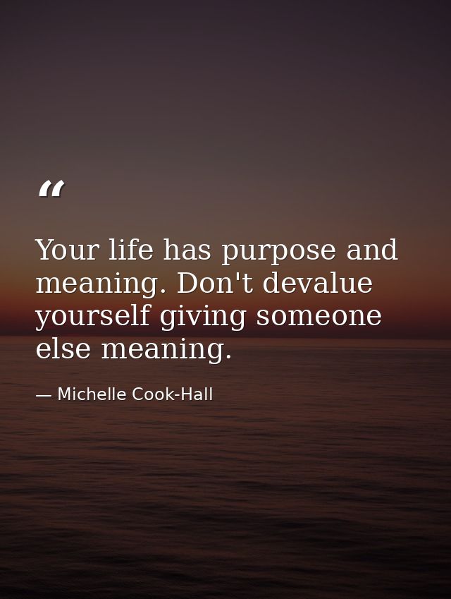 Your life has purpose and meaning. Don't devalue yourself giving someone else meaning. — Michelle Cook-Hall