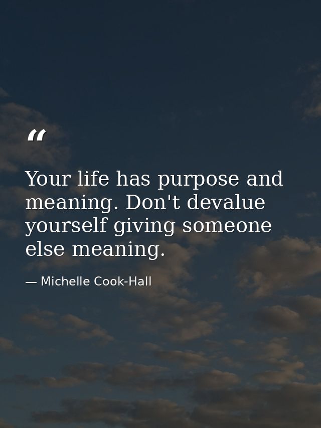 Your life has purpose and meaning. Don't devalue yourself giving someone else meaning. — Michelle Cook-Hall