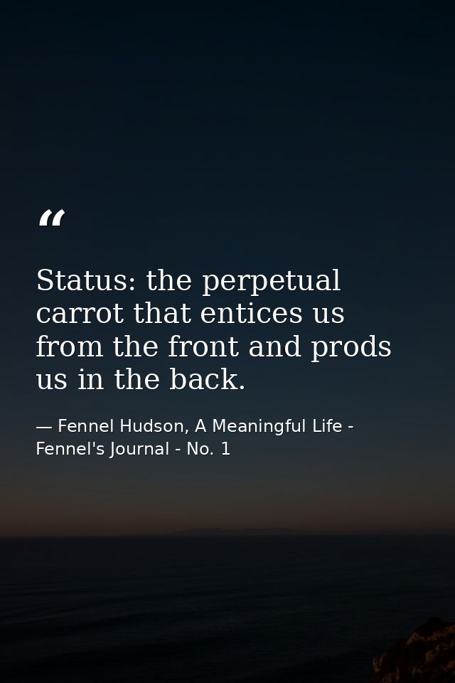 Status: the perpetual carrot that entices us from the front and prods us in the back. — Fennel Hudson, A Meaningful Life - Fennel's Journal - No. 1
