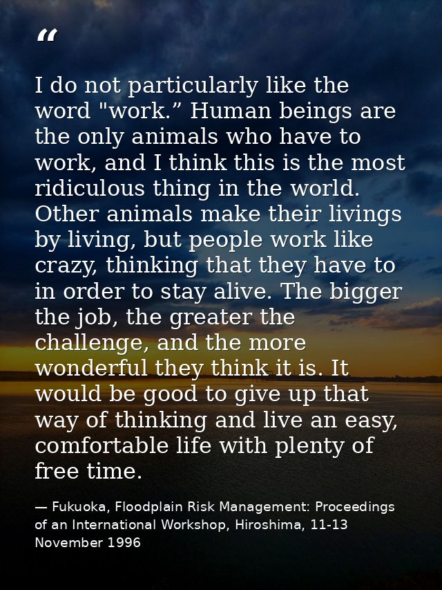 I do not particularly like the word "work.” Human beings are the only animals who have to work, and I think this is the  — Fukuoka, Floodplain Risk Management: Proceedings of an International Workshop, Hiroshima, 11-13 November 1996