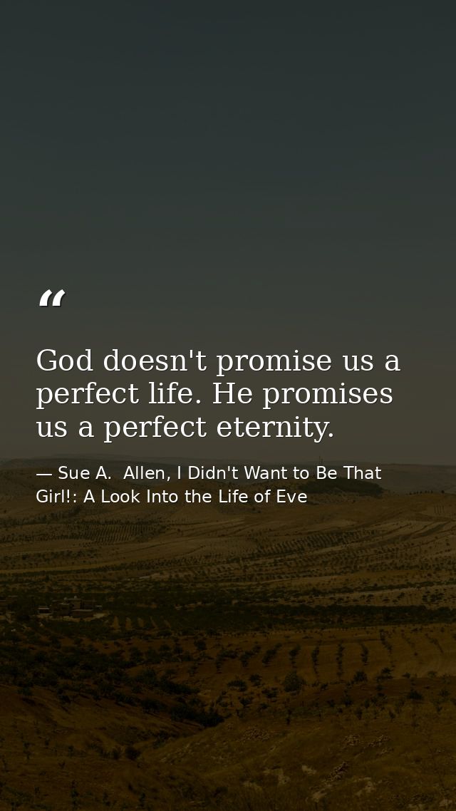 God doesn't promise us a perfect life. He promises us a perfect eternity. — Sue A.  Allen, I Didn't Want to Be That Girl!: A Look Into the Life of Eve