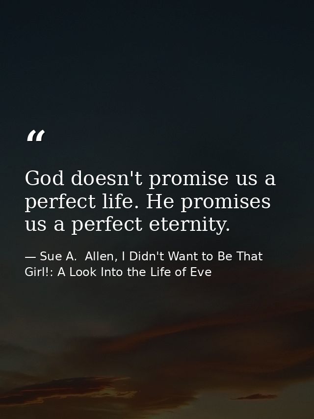 God doesn't promise us a perfect life. He promises us a perfect eternity. — Sue A.  Allen, I Didn't Want to Be That Girl!: A Look Into the Life of Eve