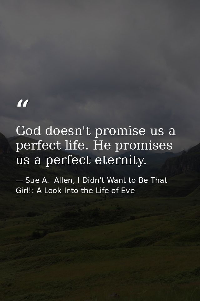 God doesn't promise us a perfect life. He promises us a perfect eternity. — Sue A.  Allen, I Didn't Want to Be That Girl!: A Look Into the Life of Eve