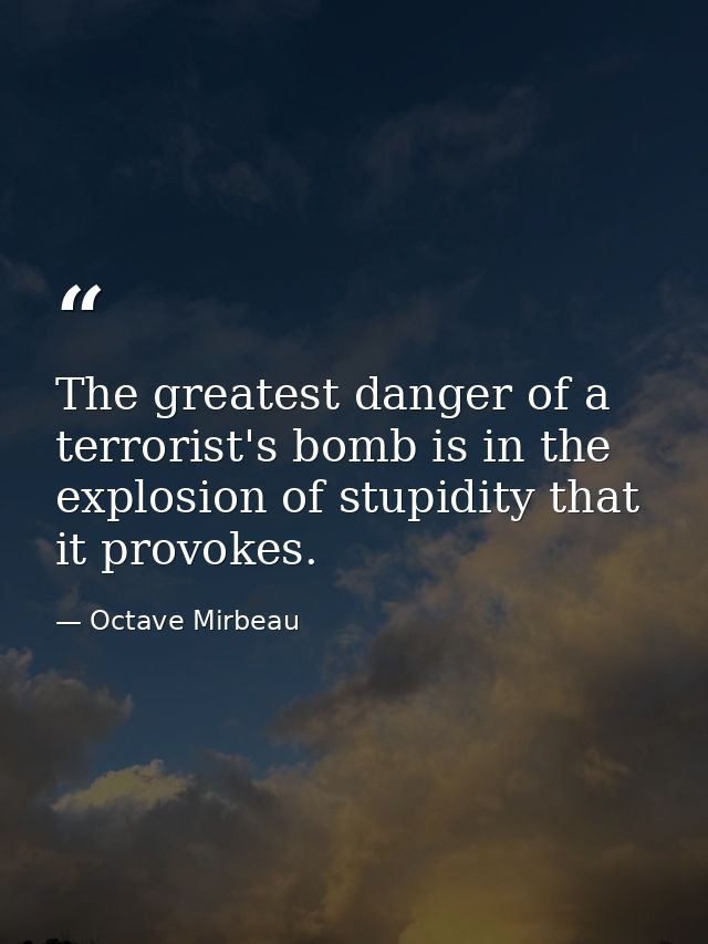 ‎The greatest danger of a terrorist's bomb is in the explosion of stupidity that it provokes. — Octave Mirbeau