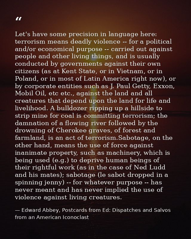 Let's have some precision in language here: terrorism means deadly violence -- for a political and/or economical purpose — Edward Abbey, Postcards from Ed: Dispatches and Salvos from an American Iconoclast