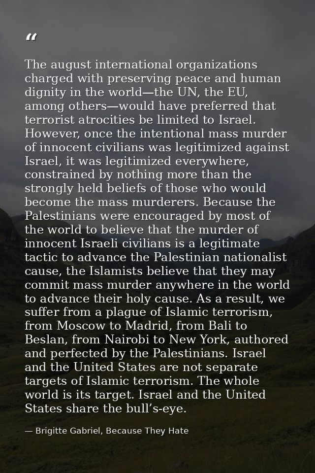 The august international organizations charged with preserving peace and human dignity in the world—the UN, the EU, amon — Brigitte Gabriel, Because They Hate
