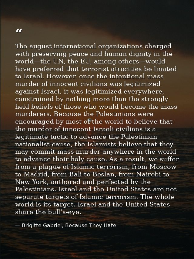 The august international organizations charged with preserving peace and human dignity in the world—the UN, the EU, amon — Brigitte Gabriel, Because They Hate