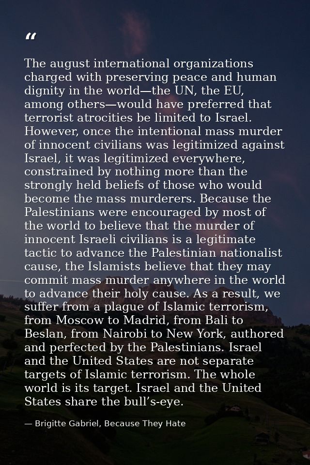 The august international organizations charged with preserving peace and human dignity in the world—the UN, the EU, amon — Brigitte Gabriel, Because They Hate
