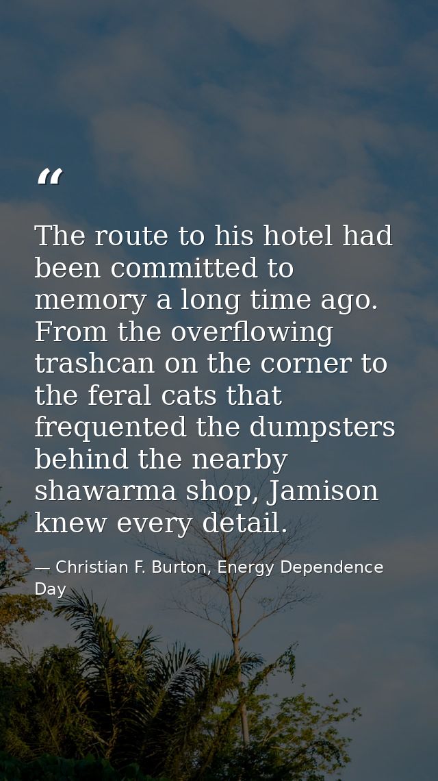The route to his hotel had been committed to memory a long time ago. From the overflowing trashcan on the corner to the  — Christian F. Burton, Energy Dependence Day