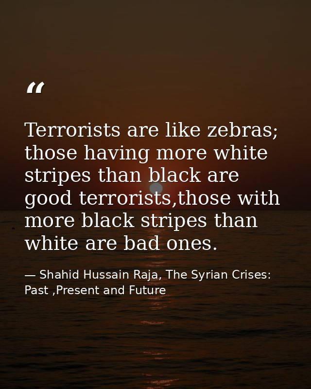 Terrorists are like zebras; those having more white stripes than black are good terrorists,those with more black stripes — Shahid Hussain Raja, The Syrian Crises: Past ,Present and Future