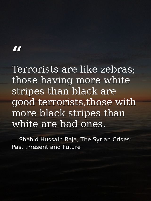 Terrorists are like zebras; those having more white stripes than black are good terrorists,those with more black stripes — Shahid Hussain Raja, The Syrian Crises: Past ,Present and Future