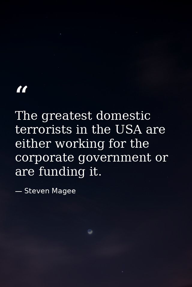 The greatest domestic terrorists in the USA are either working for the corporate government or are funding it. — Steven Magee