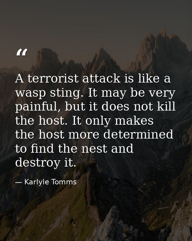 A terrorist attack is like a wasp sting. It may be very painful, but it does not kill the host. It only makes the host m — Karlyle Tomms