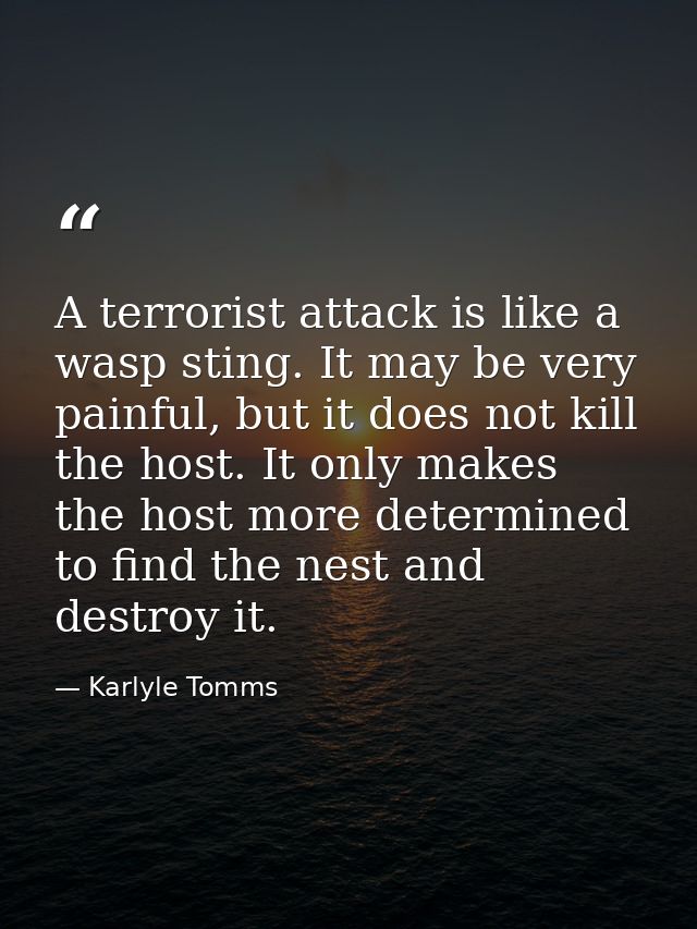 A terrorist attack is like a wasp sting. It may be very painful, but it does not kill the host. It only makes the host m — Karlyle Tomms