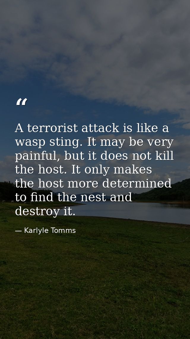A terrorist attack is like a wasp sting. It may be very painful, but it does not kill the host. It only makes the host m — Karlyle Tomms