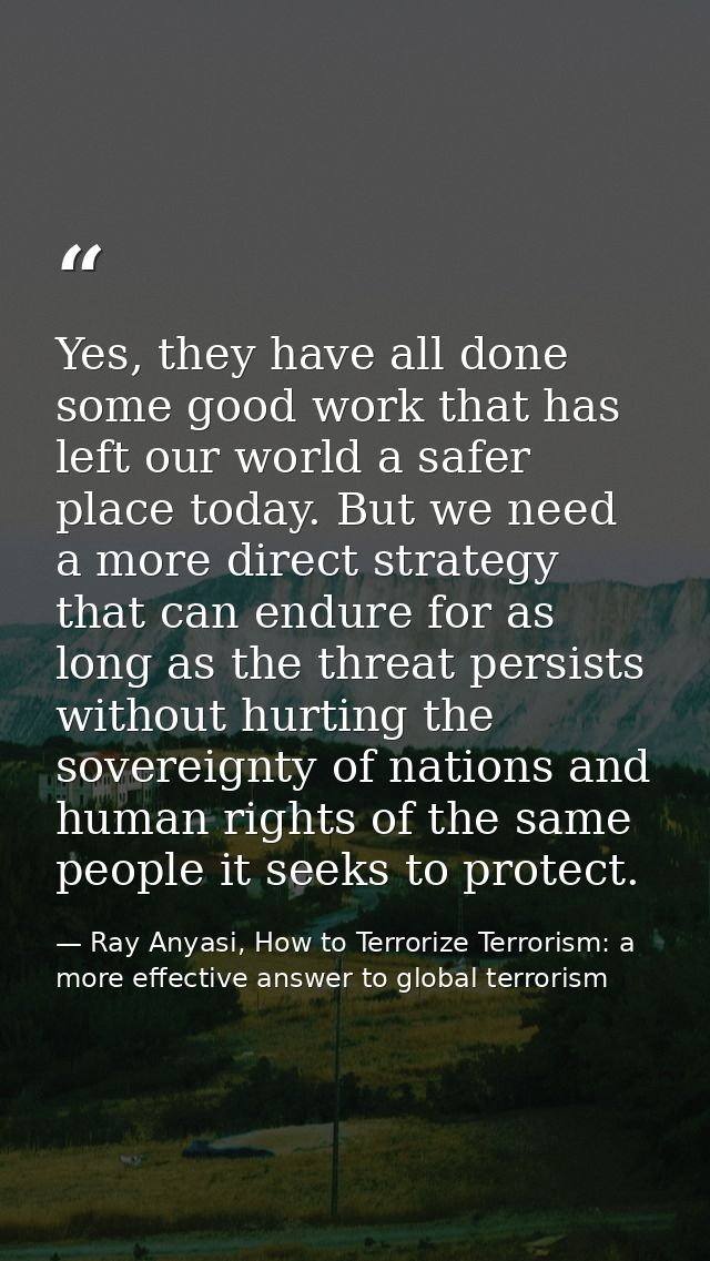 Yes, they have all done some good work that has left our world a safer place today. But we need a more direct strategy t — Ray Anyasi, How to Terrorize Terrorism: a more effective answer to global terrorism