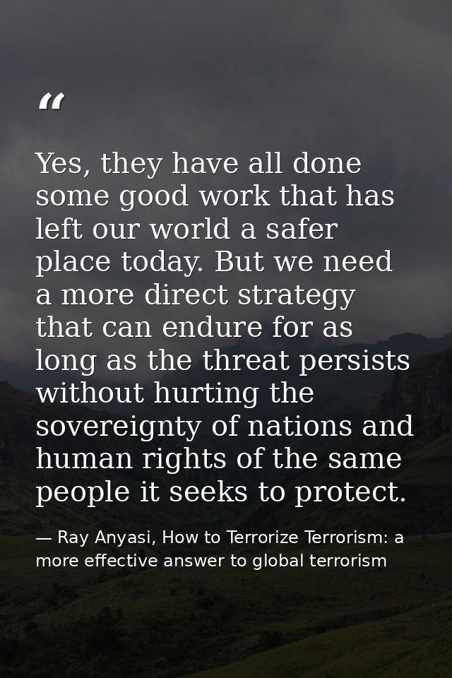 Yes, they have all done some good work that has left our world a safer place today. But we need a more direct strategy t — Ray Anyasi, How to Terrorize Terrorism: a more effective answer to global terrorism