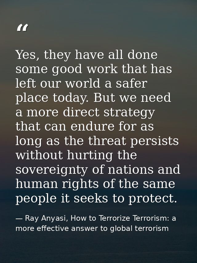 Yes, they have all done some good work that has left our world a safer place today. But we need a more direct strategy t — Ray Anyasi, How to Terrorize Terrorism: a more effective answer to global terrorism