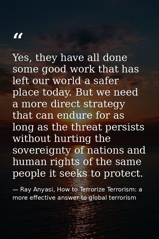 Yes, they have all done some good work that has left our world a safer place today. But we need a more direct strategy t — Ray Anyasi, How to Terrorize Terrorism: a more effective answer to global terrorism