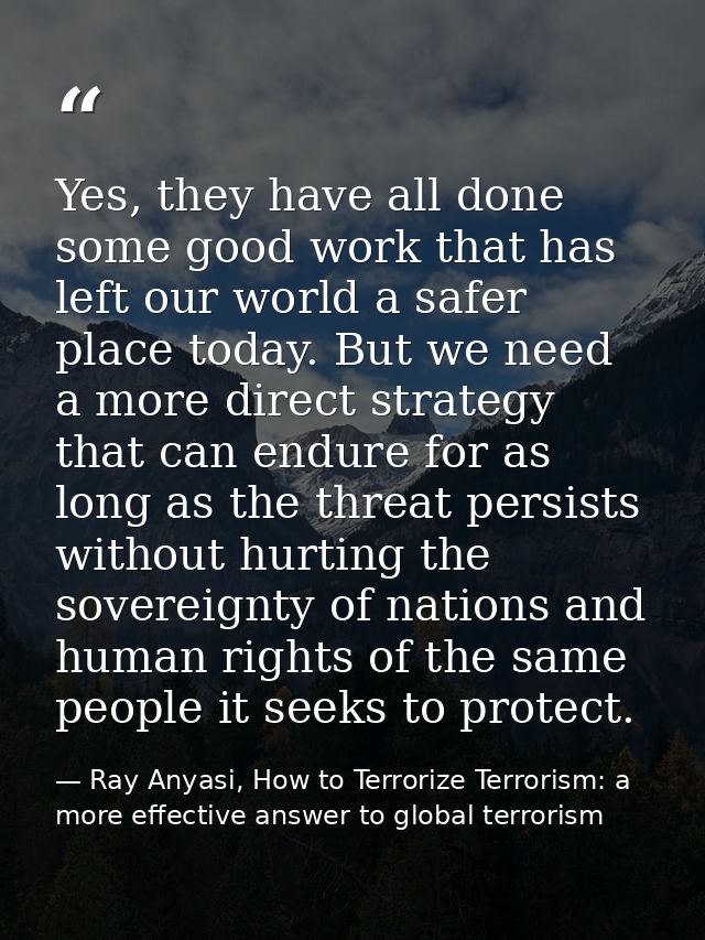 Yes, they have all done some good work that has left our world a safer place today. But we need a more direct strategy t — Ray Anyasi, How to Terrorize Terrorism: a more effective answer to global terrorism
