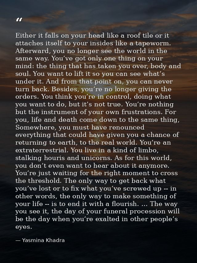 Either it falls on your head like a roof tile or it attaches itself to your insides like a tapeworm. Afterward, you no l — Yasmina Khadra