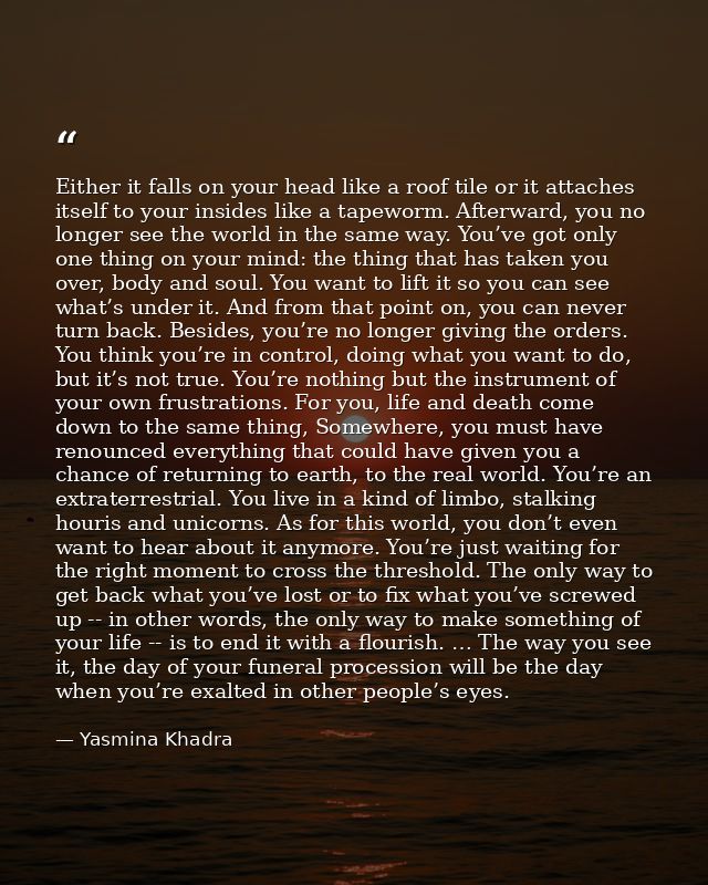 Either it falls on your head like a roof tile or it attaches itself to your insides like a tapeworm. Afterward, you no l — Yasmina Khadra