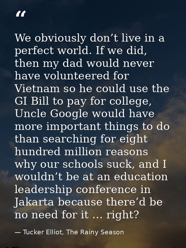 We obviously don’t live in a perfect world. If we did, then my dad would never have volunteered for Vietnam so he could  — Tucker Elliot, The Rainy Season
