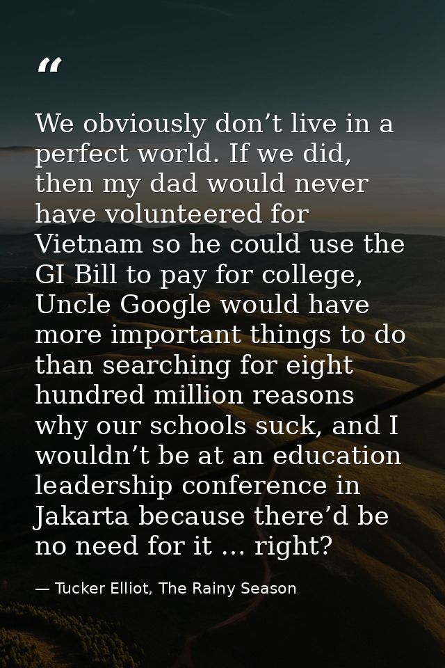 We obviously don’t live in a perfect world. If we did, then my dad would never have volunteered for Vietnam so he could  — Tucker Elliot, The Rainy Season