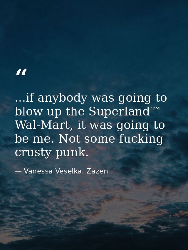 ...if anybody was going to blow up the Superland™ Wal-Mart, it was going to be me. Not some fucking crusty punk. — Vanessa Veselka, Zazen