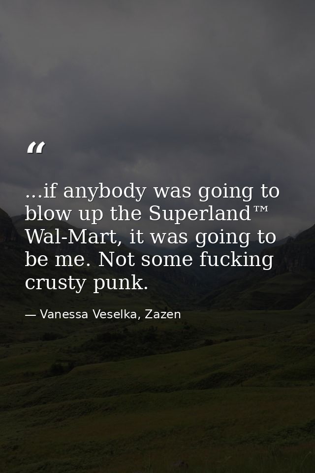 ...if anybody was going to blow up the Superland™ Wal-Mart, it was going to be me. Not some fucking crusty punk. — Vanessa Veselka, Zazen