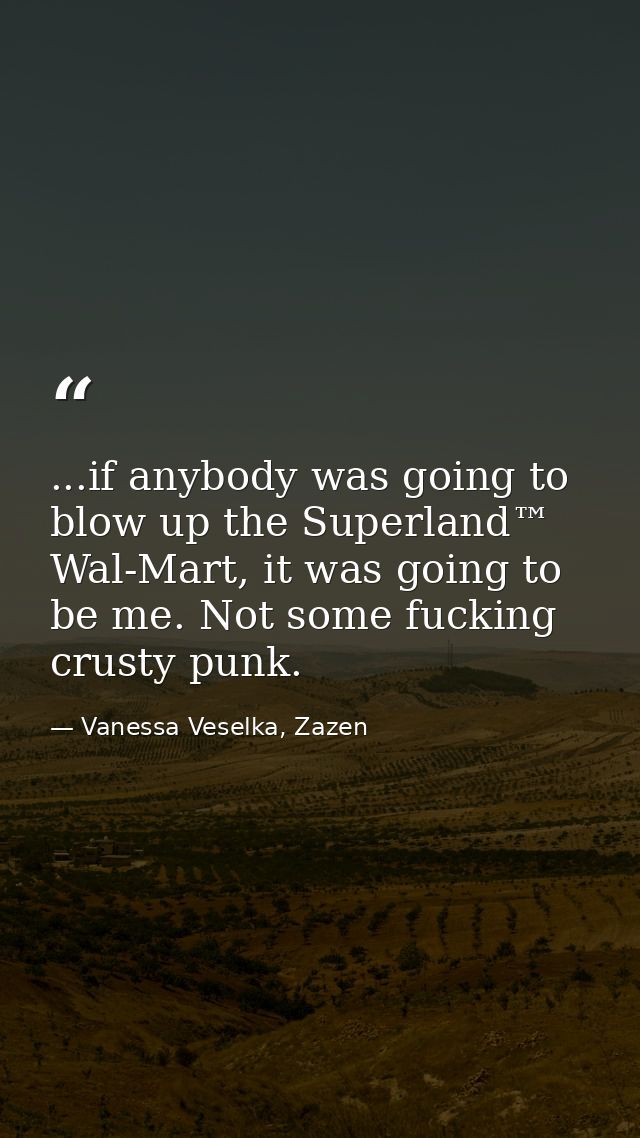 ...if anybody was going to blow up the Superland™ Wal-Mart, it was going to be me. Not some fucking crusty punk. — Vanessa Veselka, Zazen