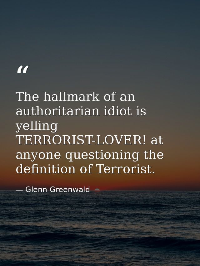 The hallmark of an authoritarian idiot is yelling TERRORIST-LOVER! at anyone questioning the definition of Terrorist. — Glenn Greenwald