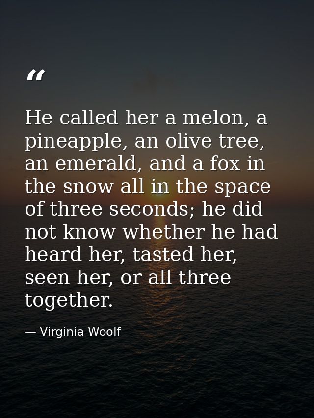 He called her a melon, a pineapple, an olive tree, an emerald, and a fox in the snow all in the space of three seconds;  — Virginia Woolf